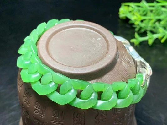 Unique natural Hetian Jade high-quality green fashion Cuban bracelet silver carved clasp