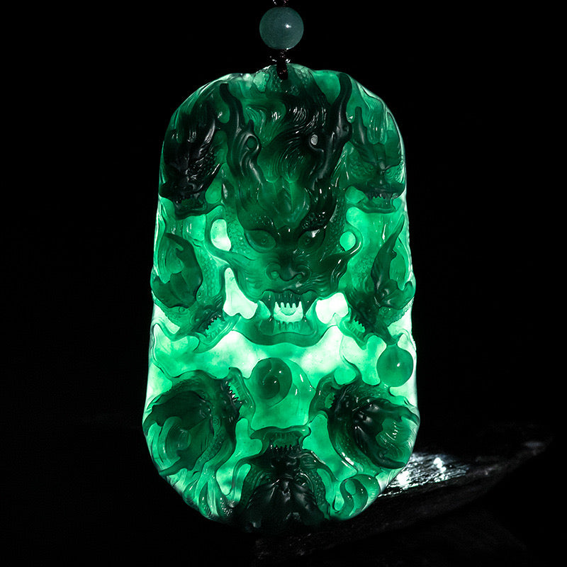 (Unique) Natural Jade Nine Dragons Pendant Carved by a Famous Master