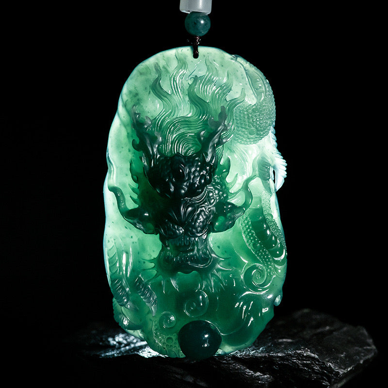 (Unique) Natural Jadeite 3D Dragon King & Dragon Ball Pendant Carved by a Famous Master
