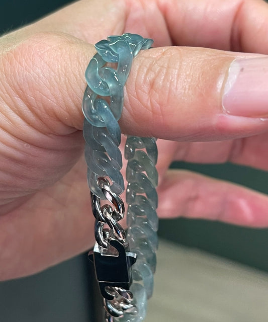 Natural Grade A burma jade Jadeite Trendy Cuban Bracelet Titanium Steel Buckle