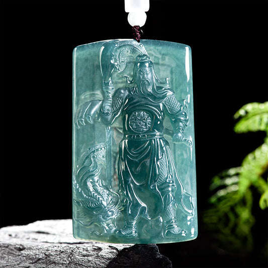 (Unique) Natural jadeite Guan Gong dragon pendant carved by a famous master