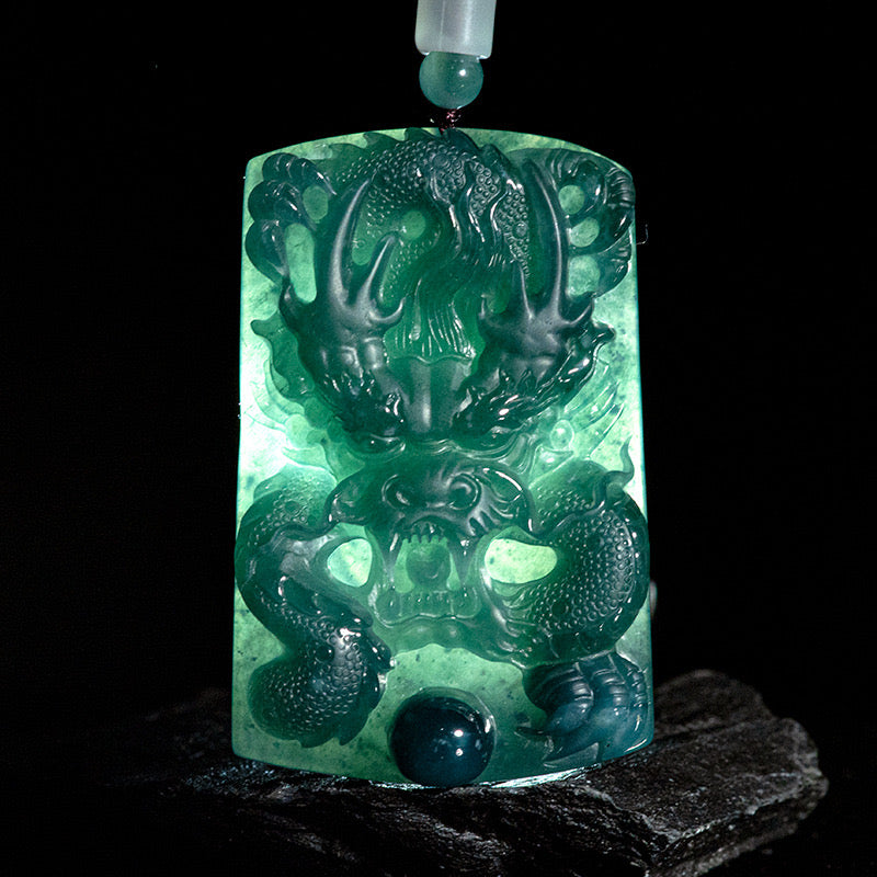 (Unique) Natural jadeite three-dimensional domineering dragon king pendant carved by a famous master