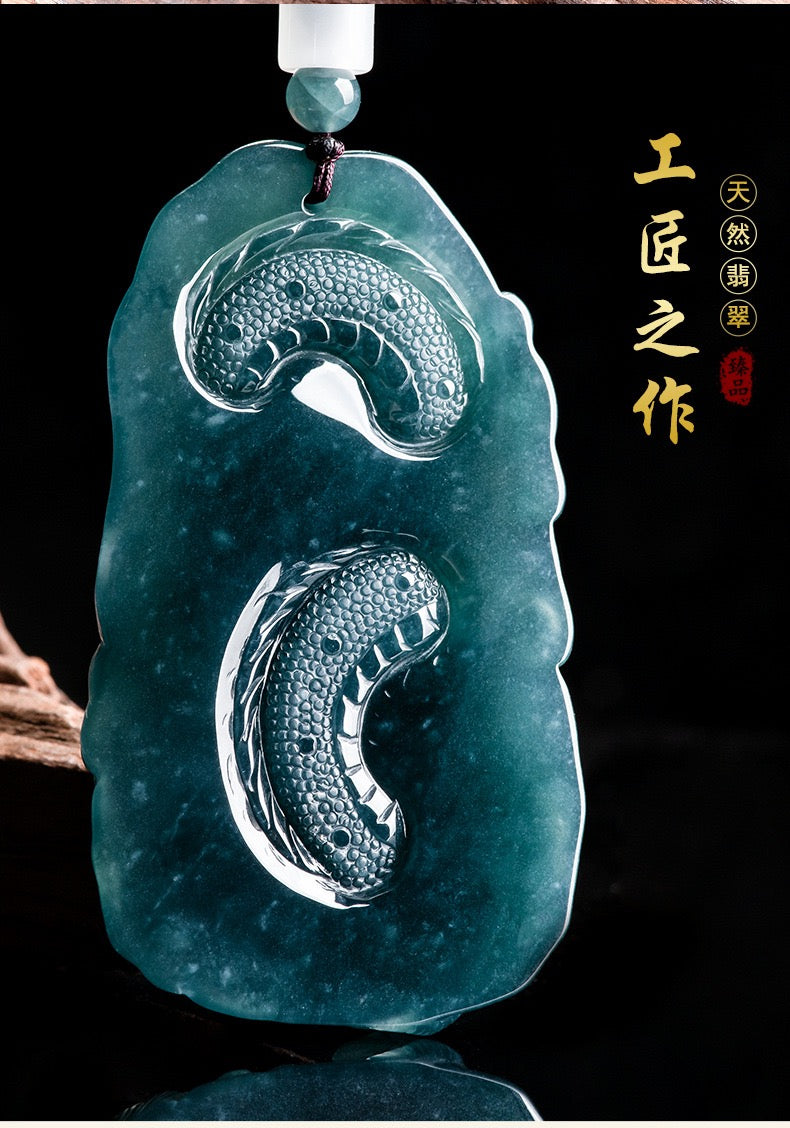 (Unique) Natural Jade Blue Water Dragon King Pendant Carved by a Famous Master