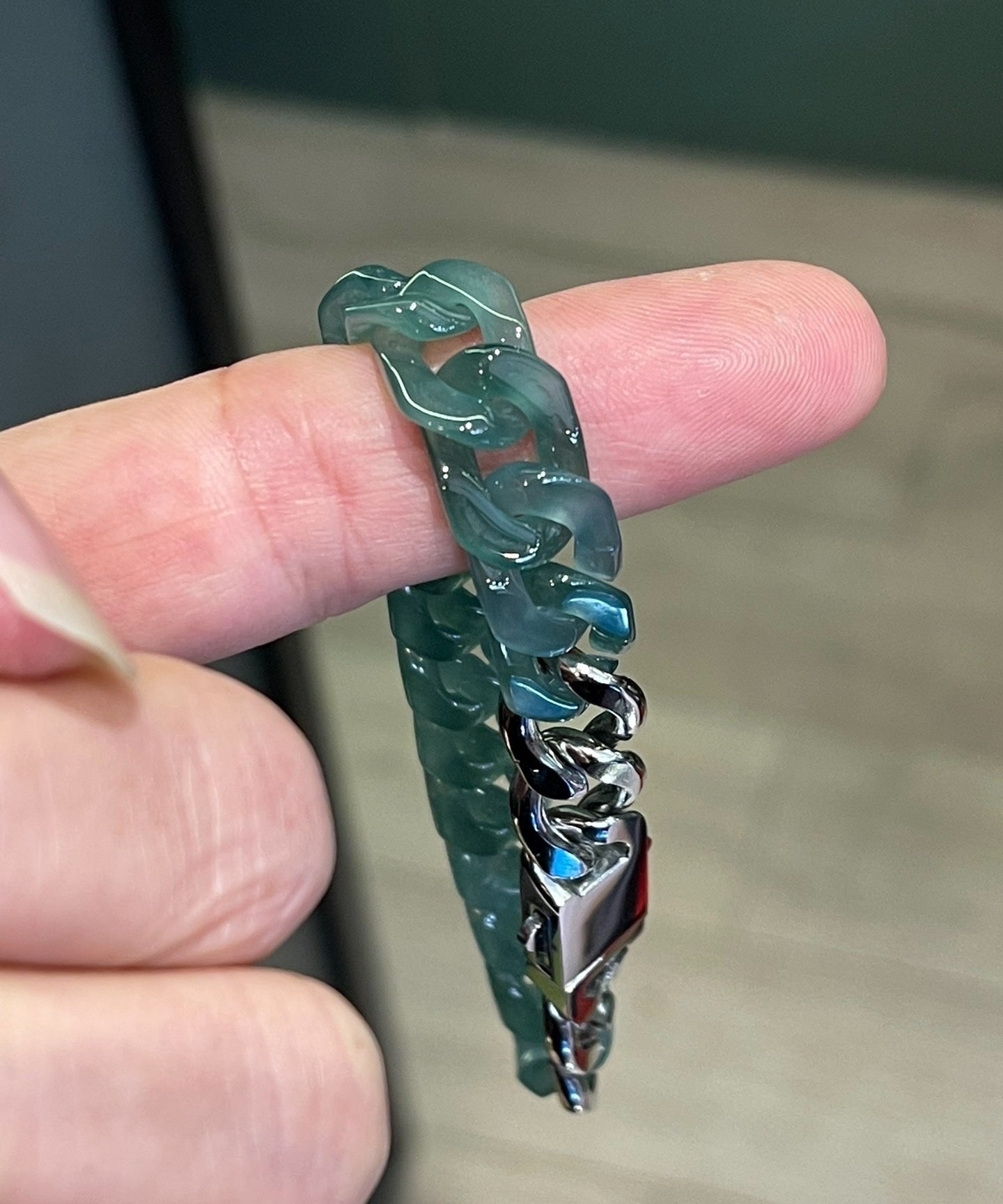 Natural Grade A burma jade Jadeite Trendy Cuban Bracelet Titanium Steel Buckle