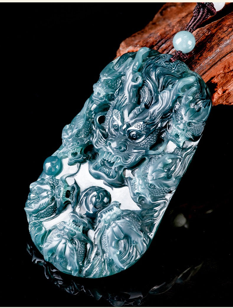 (Unique) Natural Jade Nine Dragons Pendant Carved by a Famous Master