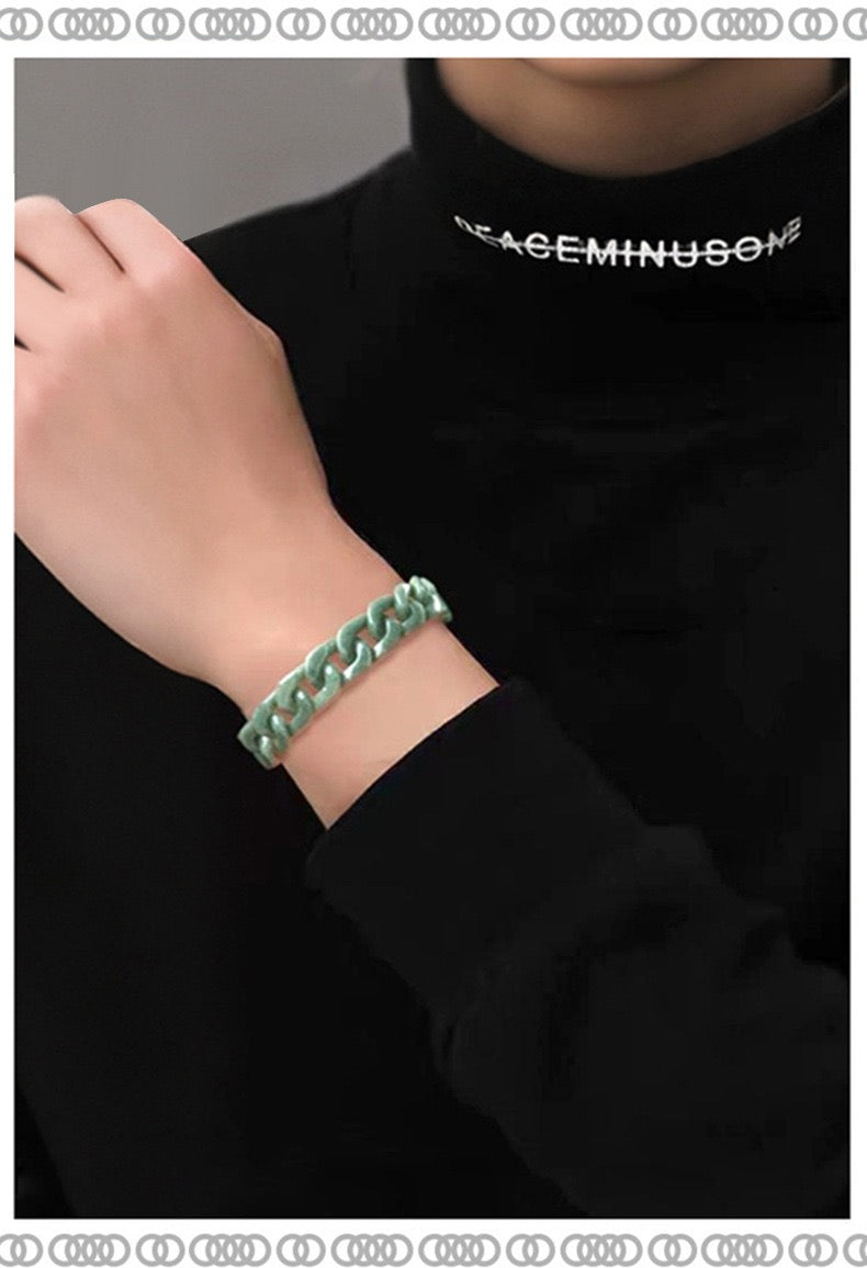 Natural Grade A burma jade Jadeite Trendy Cuban Bracelet Titanium Steel Buckle