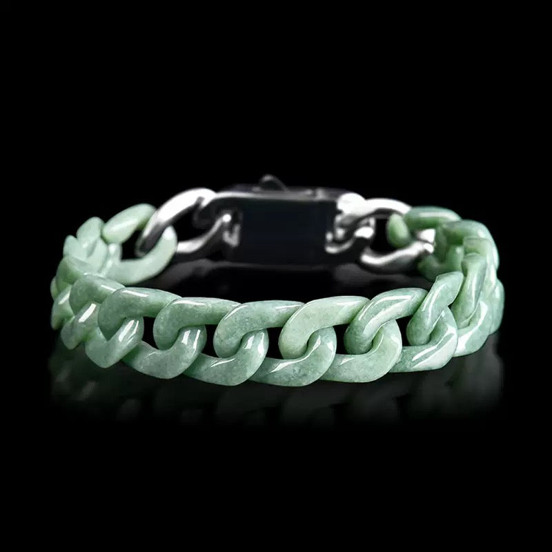 Natural Grade A burma jade Jadeite Trendy Cuban Bracelet Titanium Steel Buckle