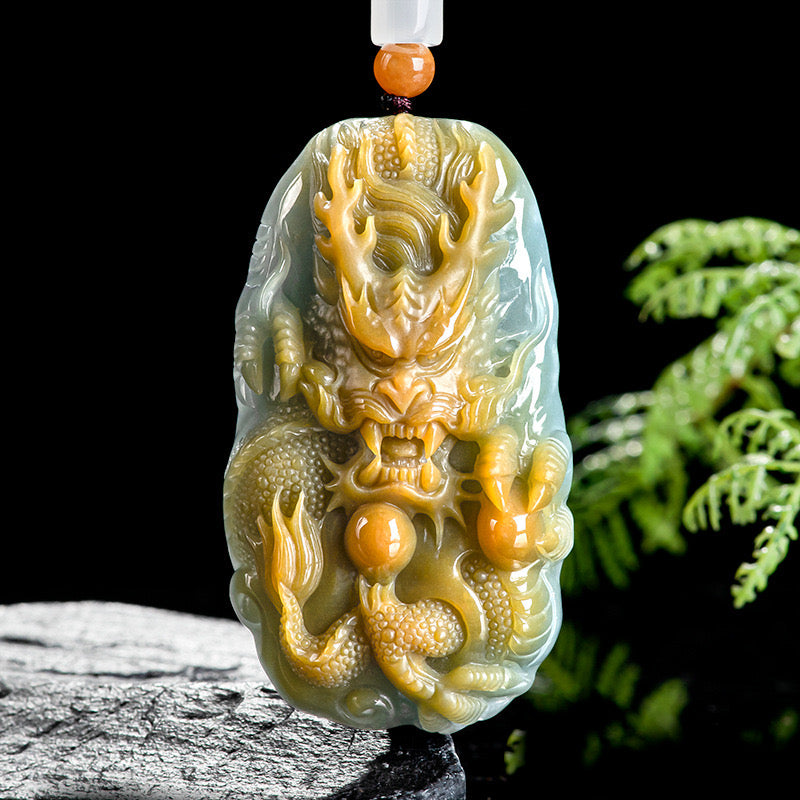 (Unique) Natural Jadeite 3D Dragon King & Double Dragon Ball Pendant Carved by a Famous Master