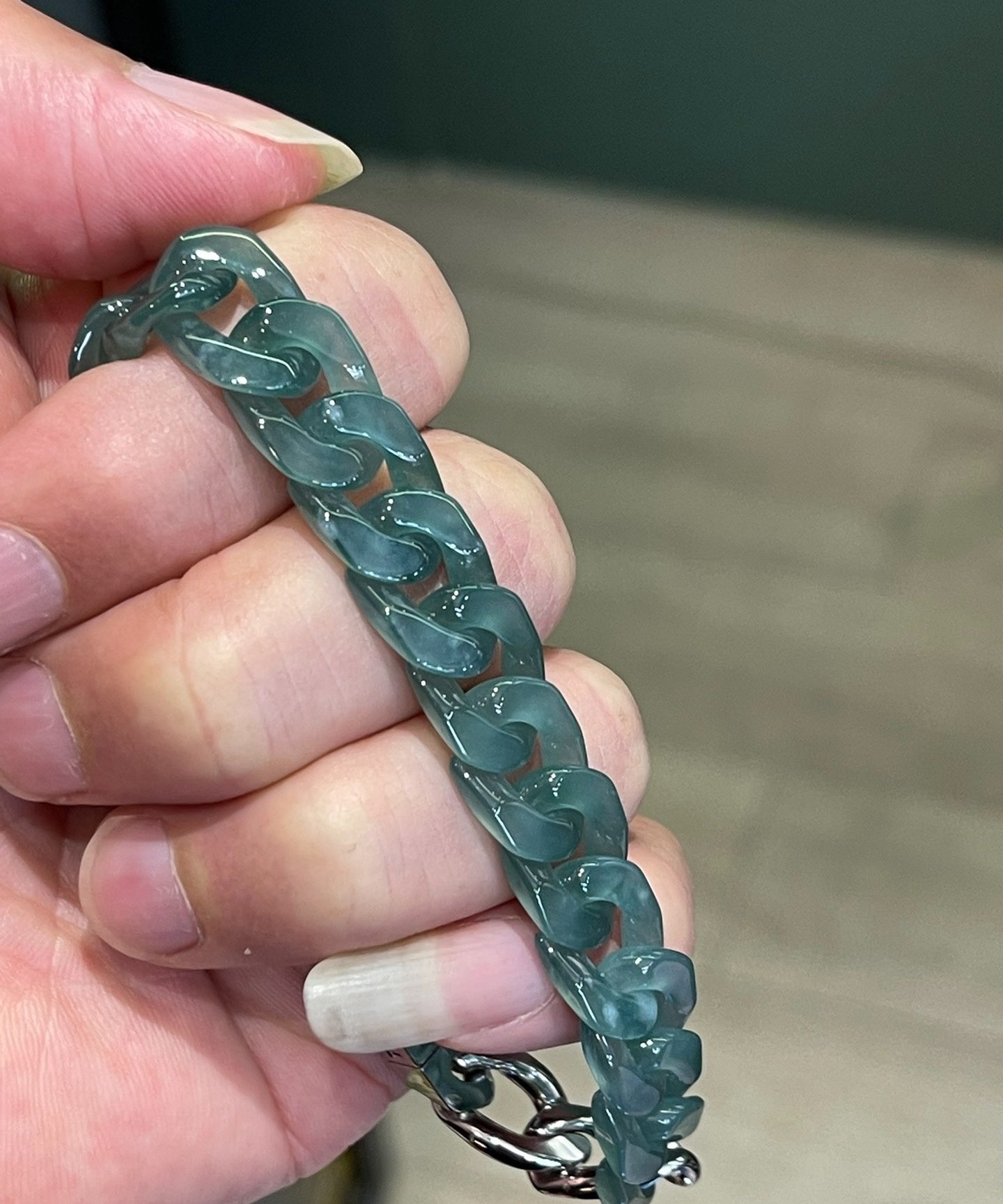 Natural Grade A burma jade Jadeite Trendy Cuban Bracelet Titanium Steel Buckle