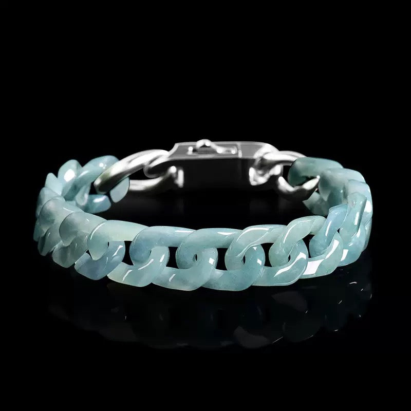 Natural Grade A burma jade Jadeite Trendy Cuban Bracelet Titanium Steel Buckle