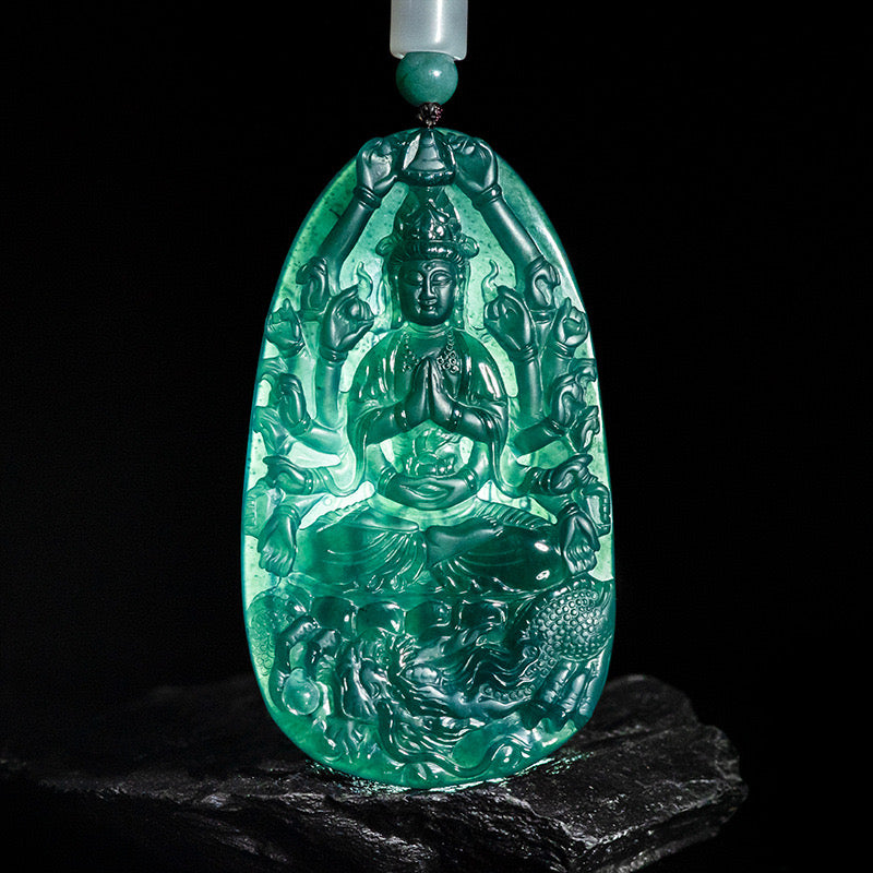 (Unique) Natural Jade Thousand-Handed Guanyin Bodhisattva Pendant Carved by a Famous Master