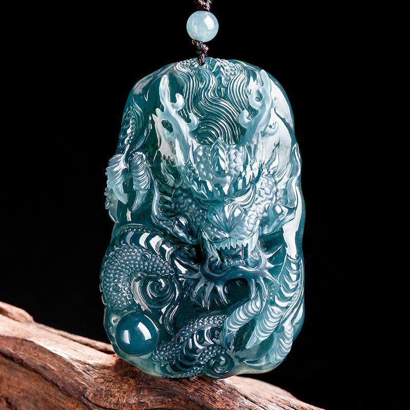 (Unique) Natural Jadeite 3D Dragon King Pendant Carved by a Famous Master