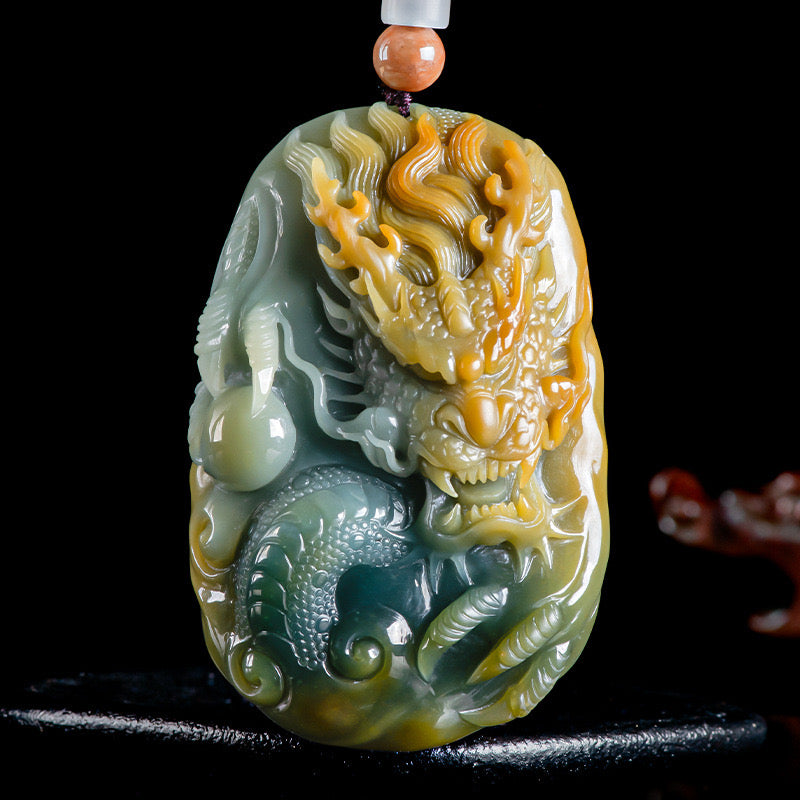 (Unique) Natural Jade Dragon King & Dragon Ball Pendant Carved by a Famous Master