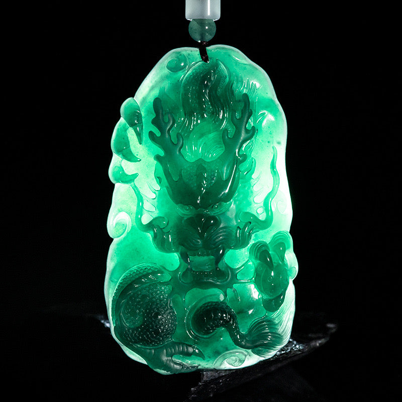 (Unique) Natural Jade Blue Water Dragon King Pendant Carved by a Famous Master