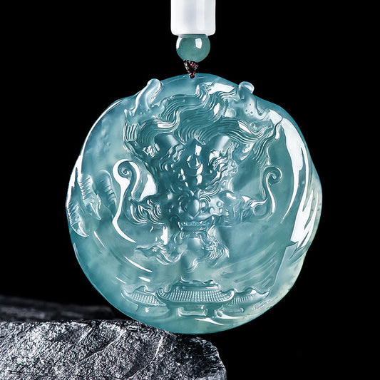 (Unique) Natural Jade Dragon King Round Pendant Carved by a Famous Master