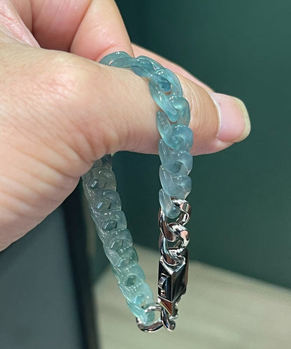 Natural Grade A burma jade Jadeite Trendy Cuban Bracelet Titanium Steel Buckle