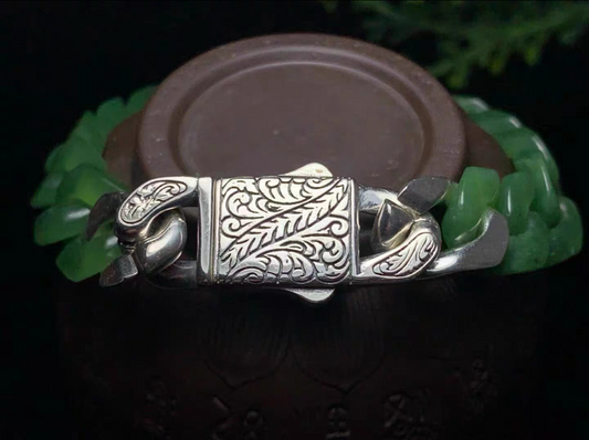 Unique natural Hetian Jade high-quality green fashion Cuban bracelet silver carved clasp