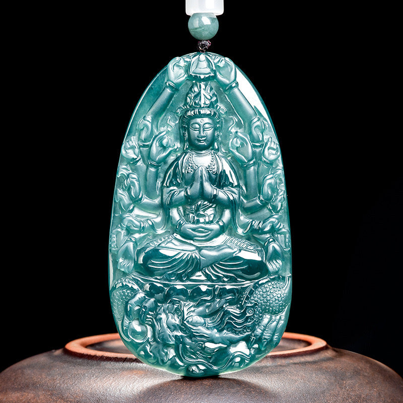 (Unique) Natural Jade Thousand-Handed Guanyin Bodhisattva Pendant Carved by a Famous Master