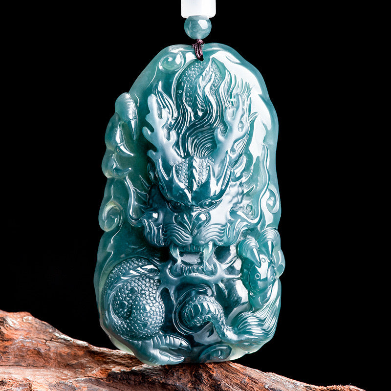(Unique) Natural Jade Blue Water Dragon King Pendant Carved by a Famous Master