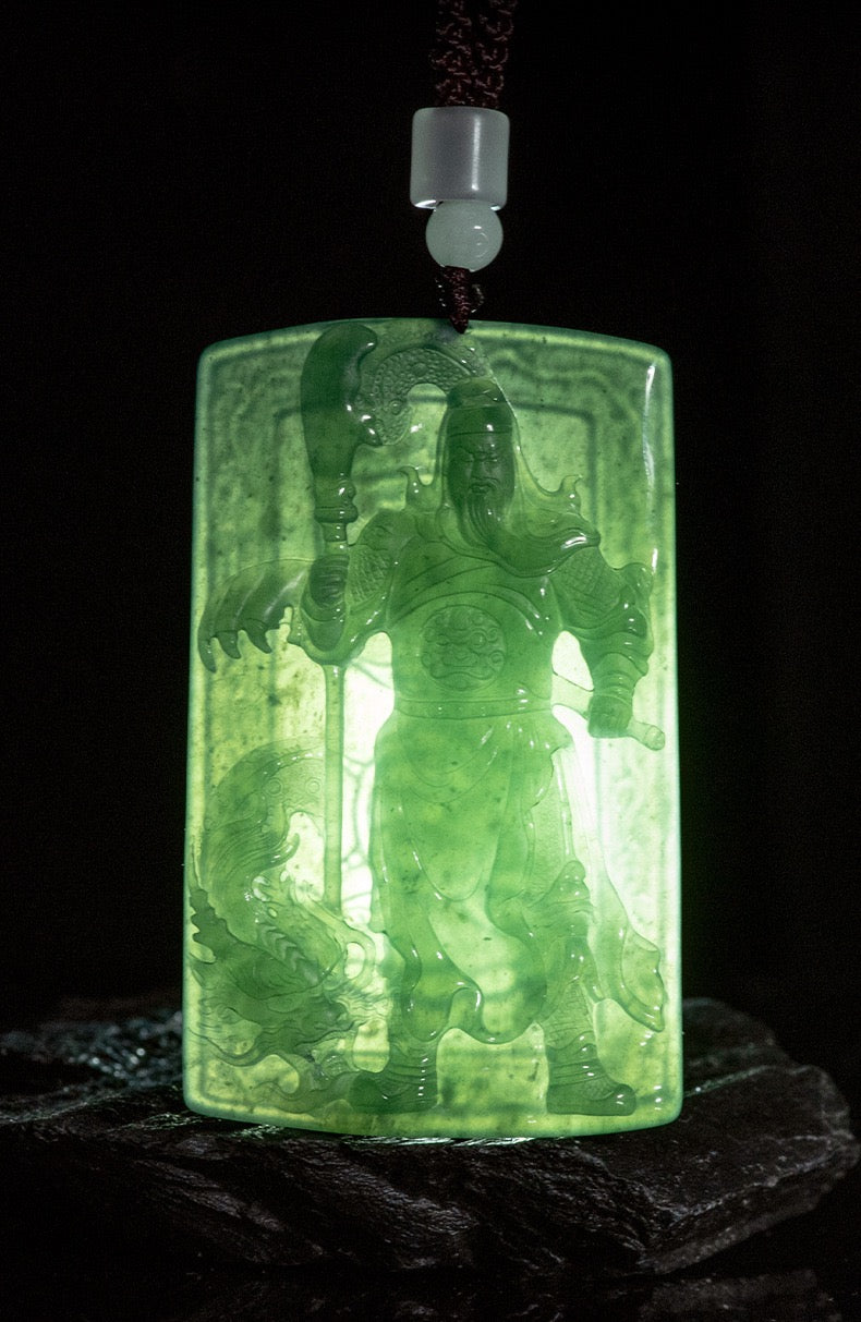 (Unique) Natural jadeite Guan Gong dragon pendant carved by a famous master