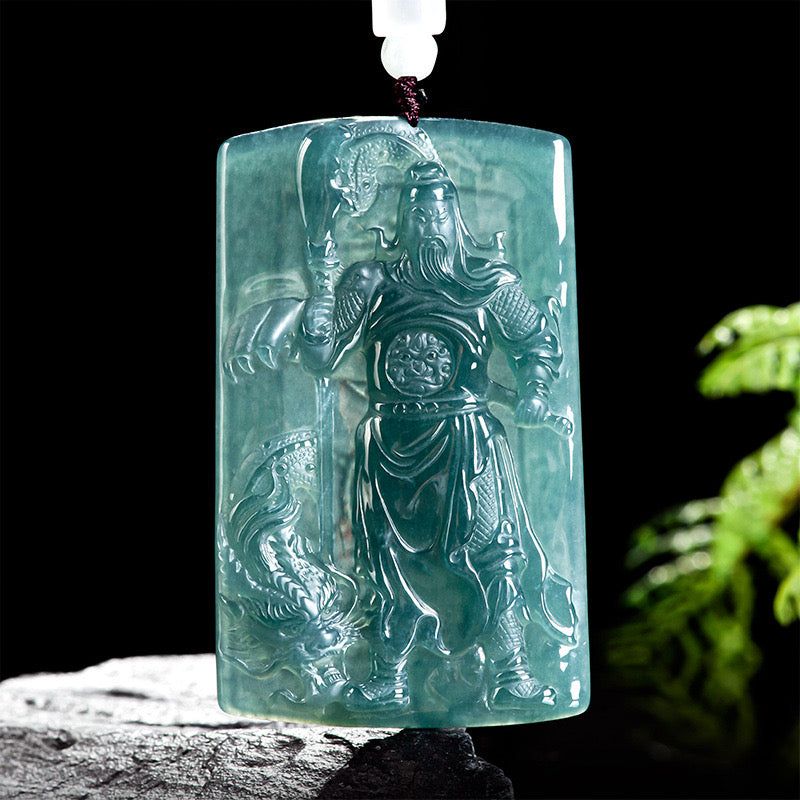 (Unique) Natural jadeite Guan Gong dragon pendant carved by a famous master