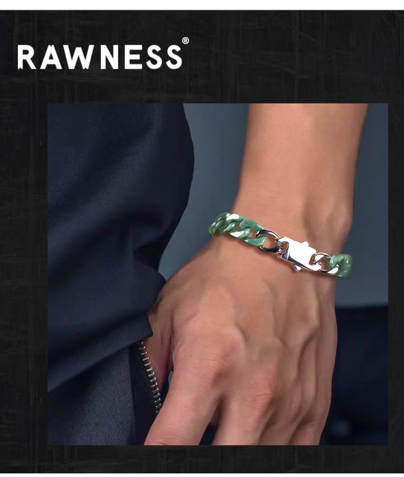 Natural Grade A burma jade Jadeite Trendy Cuban Bracelet Titanium Steel Buckle