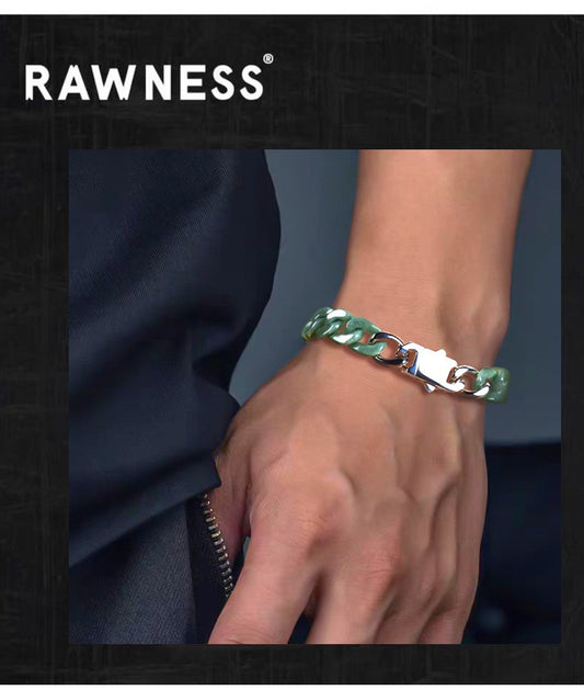 Natural Grade A burma jade Jadeite Trendy Cuban Bracelet Titanium Steel Buckle