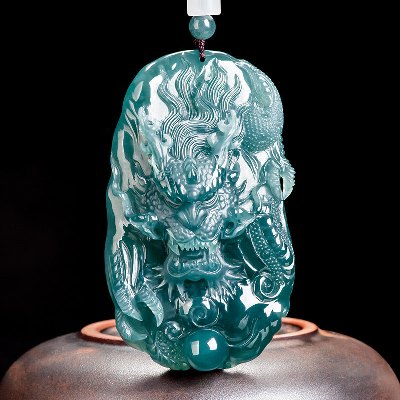 (Unique) Natural Jadeite 3D Dragon King & Dragon Ball Pendant Carved by a Famous Master