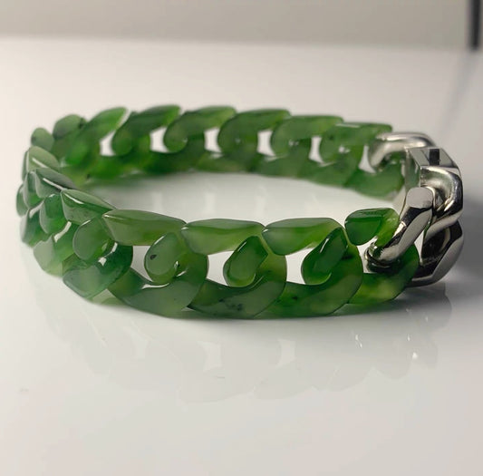 Natural Hetian Jade high-quality dark green&apple green fashionable Cuban bracelet