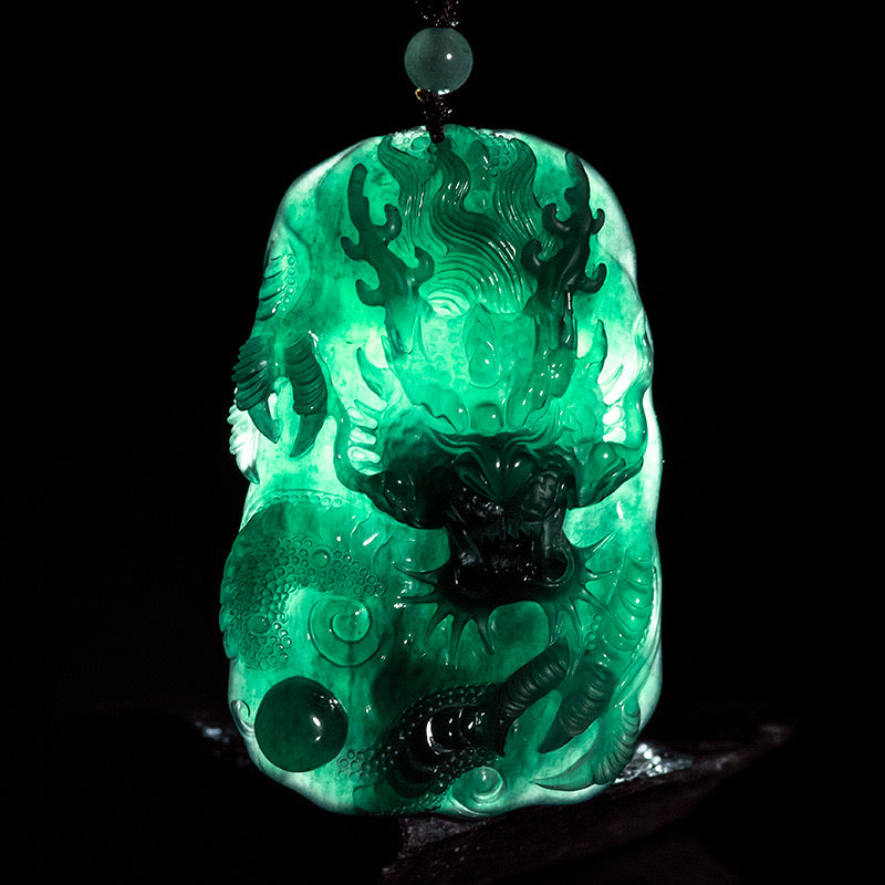 (Unique) Natural Jadeite 3D Dragon King Pendant Carved by a Famous Master