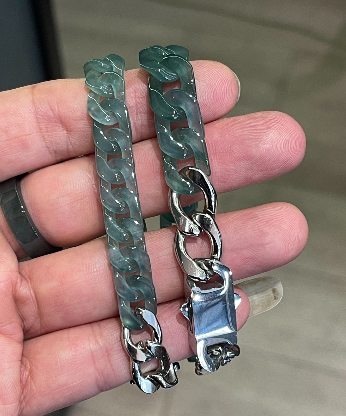 Natural Grade A burma jade Jadeite Trendy Cuban Bracelet Titanium Steel Buckle