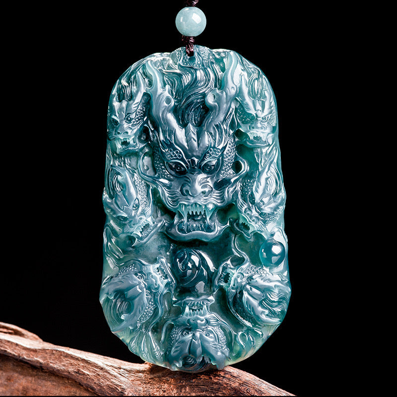 (Unique) Natural Jade Nine Dragons Pendant Carved by a Famous Master