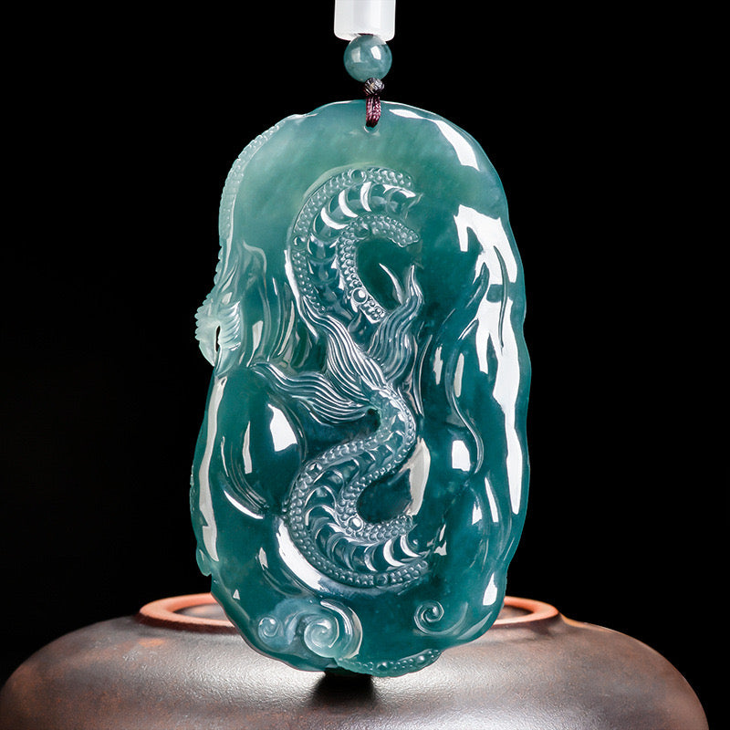 (Unique) Natural Jadeite 3D Dragon King & Dragon Ball Pendant Carved by a Famous Master